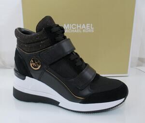 Michael Kors Gentry High Top Wedge Trainer Sneakers MK Logo Black Bronze Size 9
